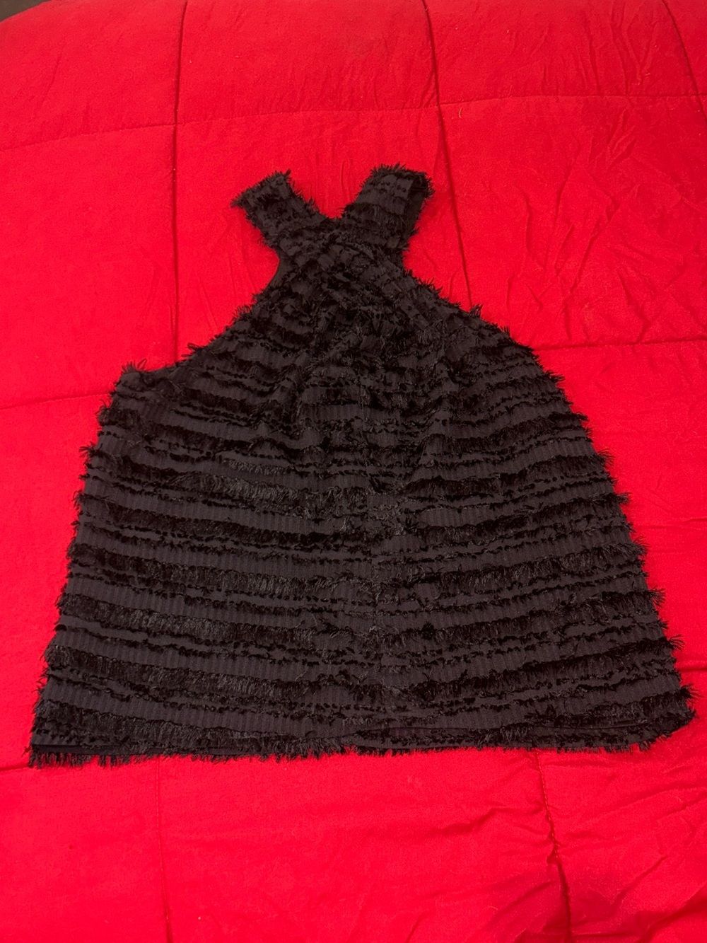 Abbey Glass Black Fringe Crossover Halter Top with Button Closure | Size M